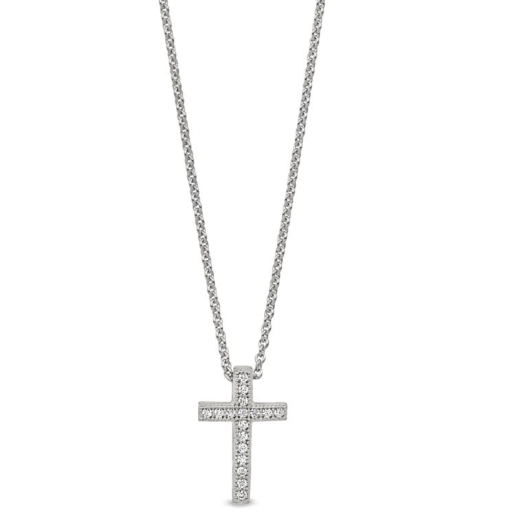Platinum finish sterling silver micropave cross pendant with simulated diamonds on 16-18 adjustable chain