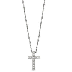 Platinum finish sterling silver micropave cross pendant with simulated diamonds on 16-18 adjustable chain