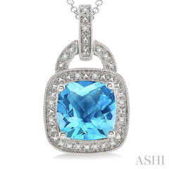 10x10 MM Cushion Shape Blue Topaz and 1/20 Ctw Round Cut Diamond Pendant in Sterling Silver with Chain