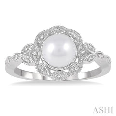 6.5x6.5 MM Cultured Pearl and 1/20 Ctw Single Cut Diamond Ring in Sterling Silver