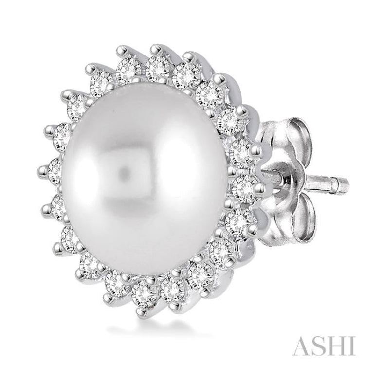 7x7 MM Cultured Pearls and 1/4 Ctw Round Cut Diamond Earrings in 14K White Gold