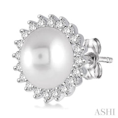 7x7 MM Cultured Pearls and 1/4 Ctw Round Cut Diamond Earrings in 14K White Gold