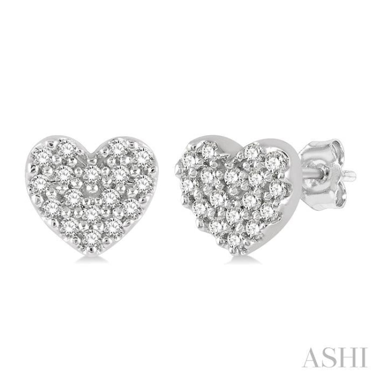 1/10 Ctw Heart Charm Round Cut Diamond Petite Fashion Earrings in 10K White Gold