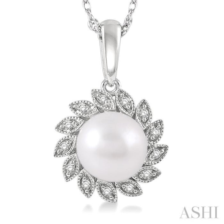 7x7 MM Round Shape Cultured Pearl and 1/10 Ctw Sunflower Round Cut Diamond Pendant With Chain in 10K White Gold