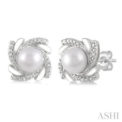 6x6 MM Round Shape Cultured Pearls and 1/50 Ctw Swirl Round Cut Diamond Earrings in Sterling Silver