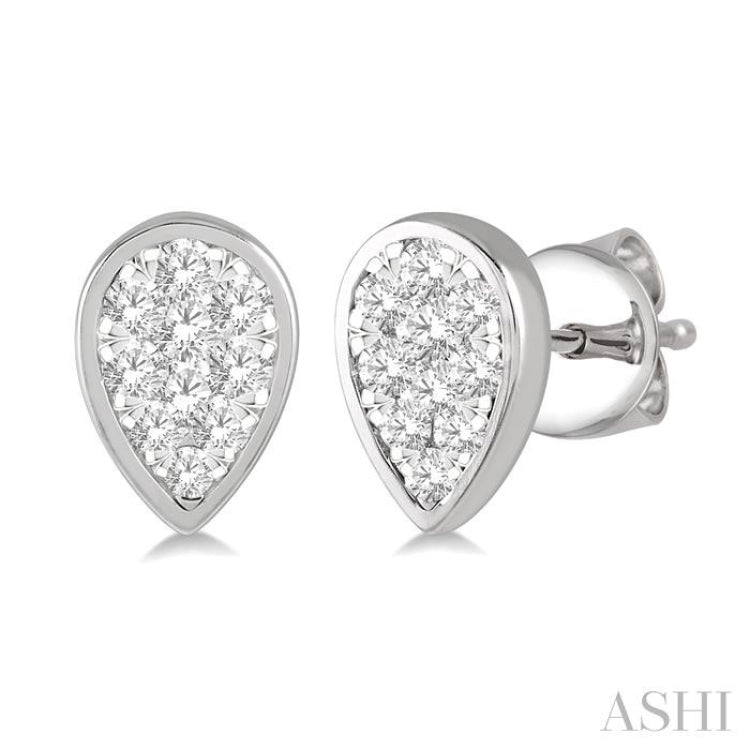 1/3 Ctw Pear Shape Lovebright Round Cut Diamond Bezel Stud Earrings in 14K White Gold