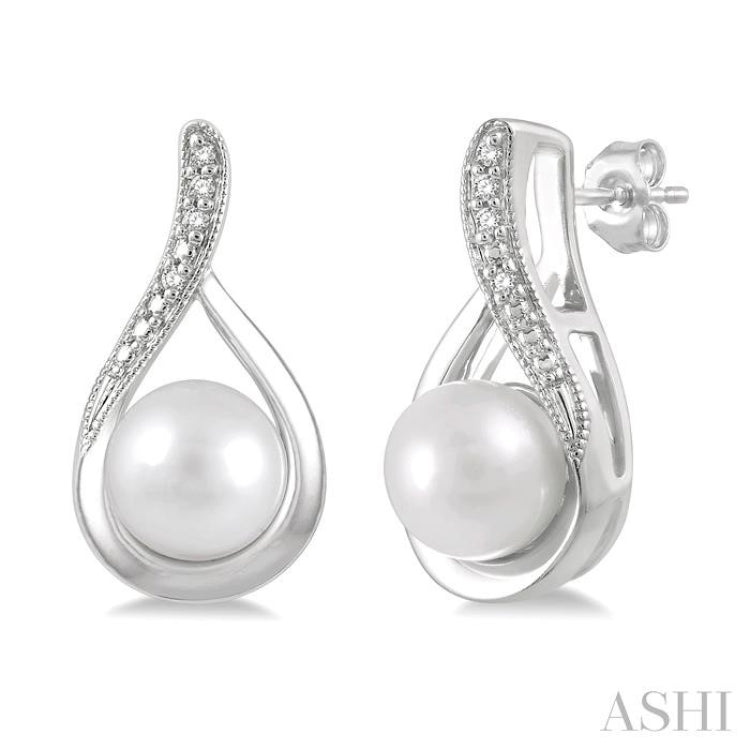 6x6 MM Drop Shape Cultured Pearls and 1/50 Ctw Round Cut Diamond Earrings in Sterling Silver
