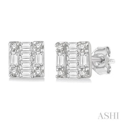 1/6 Ctw Square Shape Baguette and Round Cut Diamond Petite Fashion Earrings in 14K White Gold.