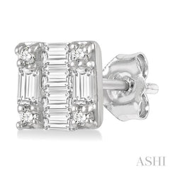 1/6 Ctw Square Shape Baguette and Round Cut Diamond Petite Fashion Earrings in 14K White Gold.