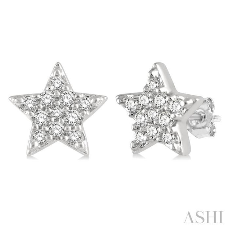 1/10 Ctw Star Round Cut Diamond Petite Fashion Earrings in 14K White Gold