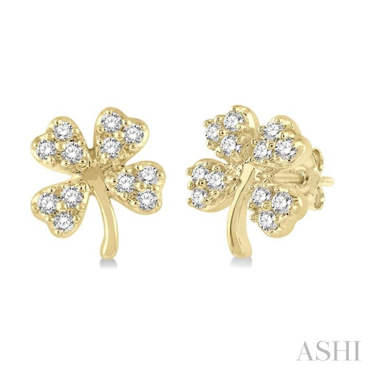 1/10 Ctw Four-Leaf Clover Round Cut Diamond Petite Fashion Earrings in 14K Yellow Gold