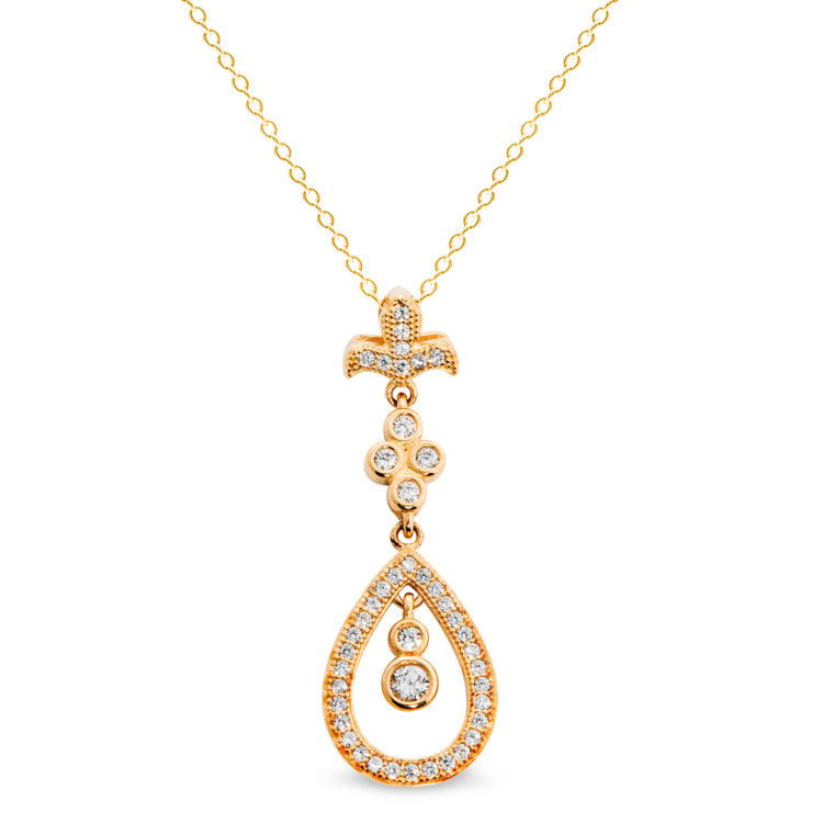 Gold Finish Sterling Silver Micropave Fleur De Lis Teardrop Drop Pendant with 44 Simulated Diamonds on 18" Cable Chain
