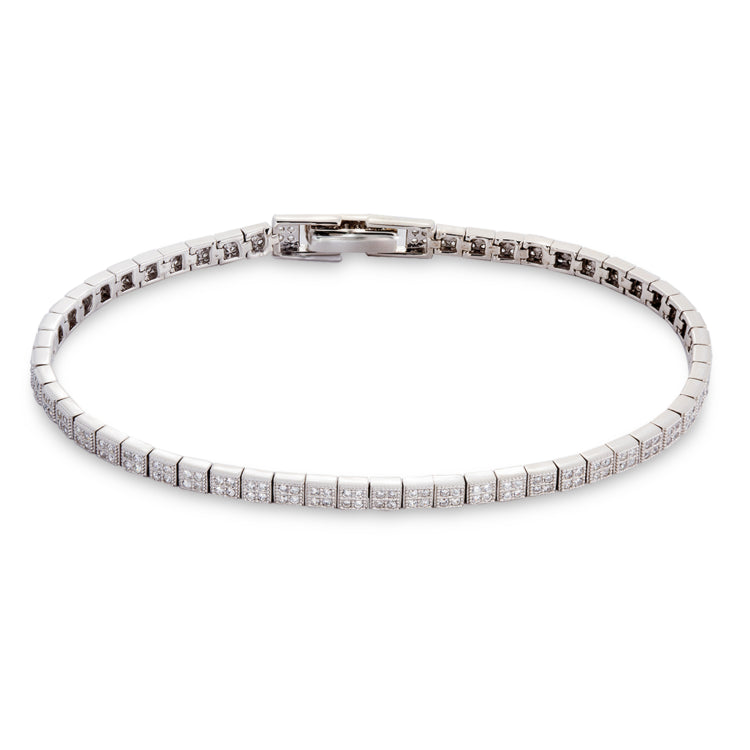 Platinum Finish Sterling Silver Micropave Squares Bracelet with 230 Simulated Diamonds 7.25