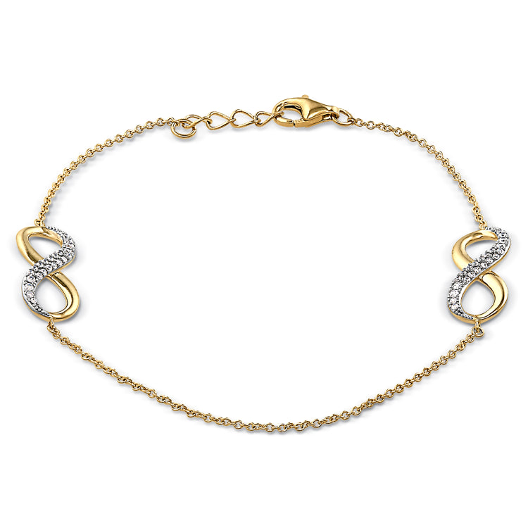 Gold finish sterling silver micropave double infinity bracelet with simulated diamonds with 7.25 cable chain & .5 extender