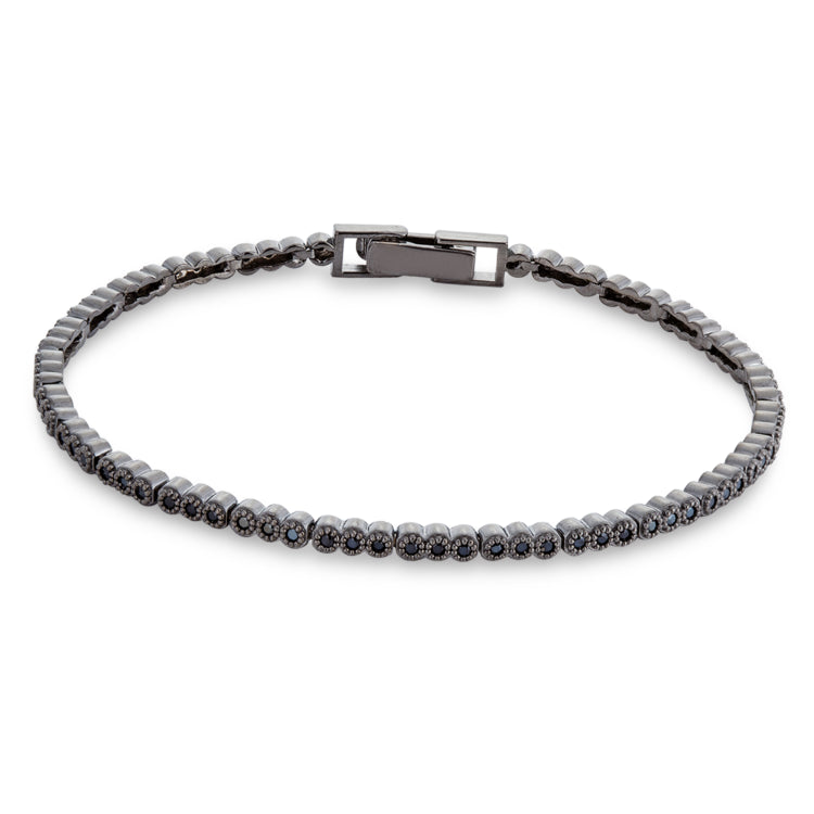 Platinum Finish Sterling Silver Vintage Bracelet with Black Simulated Diamonds 7.25
