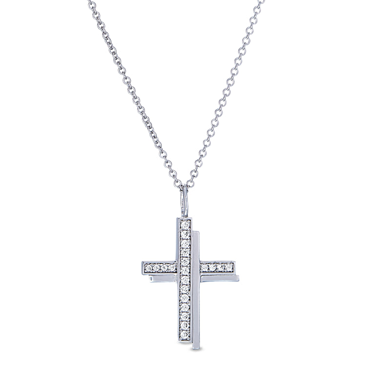 Platinum finish sterling silver micropave shadow cross pendant with simulated diamonds on 18 chain