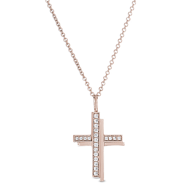 Rose gold finish sterling silver micropave shadow cross pendant with simulated diamonds on 18 chain