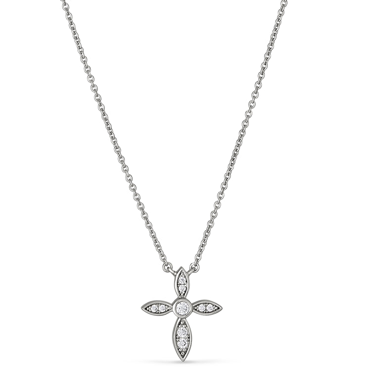 Platinum finish sterling silver micropave marquis cross pendant with simulated diamonds on 16-18 adjustable chain