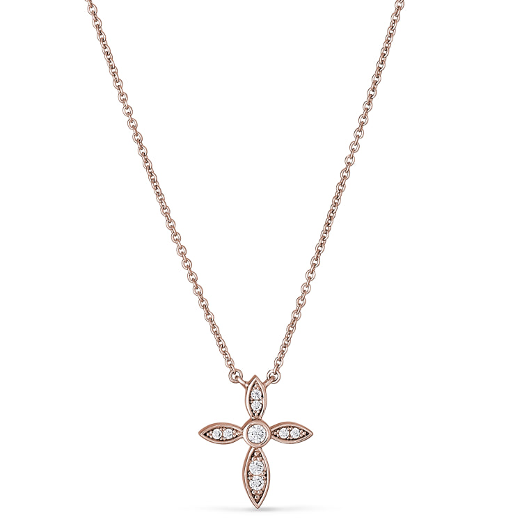 Rose gold finish sterling silver micropave marquis cross pendant with simulated diamonds on 16-18 adjustable chain