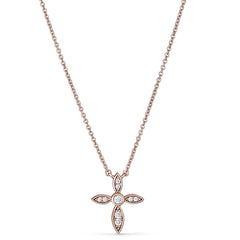 Rose gold finish sterling silver micropave marquis cross pendant with simulated diamonds on 16-18 adjustable chain