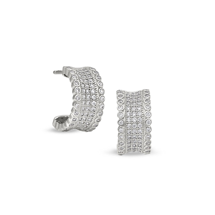 Platinum finish sterling silver micropave five row concave huggie earrings with simulated diamonds