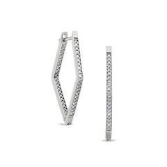 Platinum finish sterling silver micropave diamond shape hoop earrings with simulated diamonds