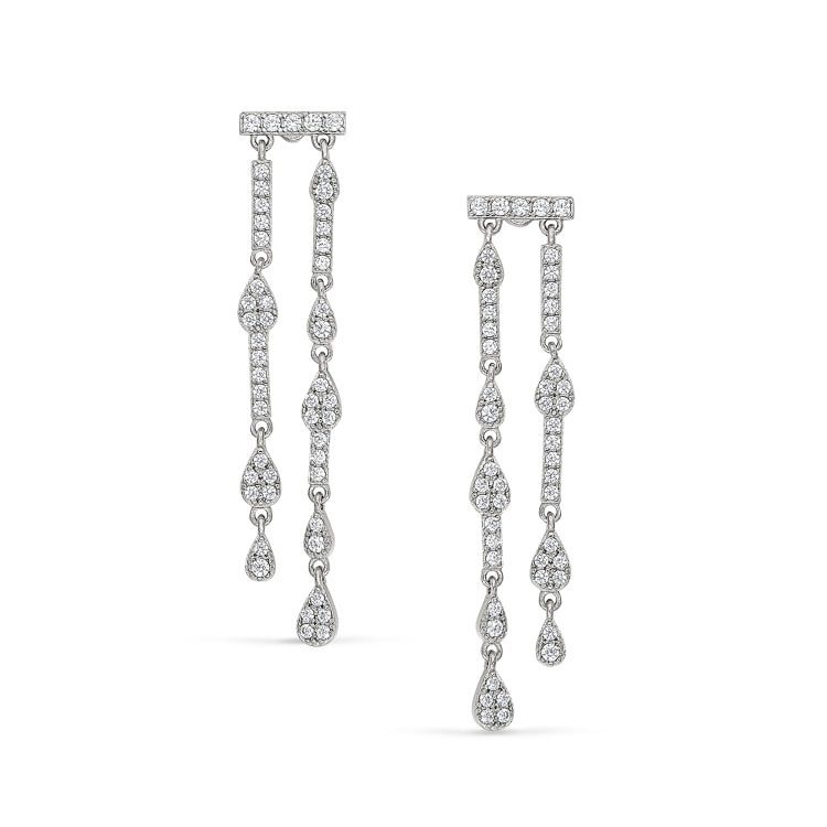 Platinum finish sterling silver micropave two row drop earrings with simulated diamonds