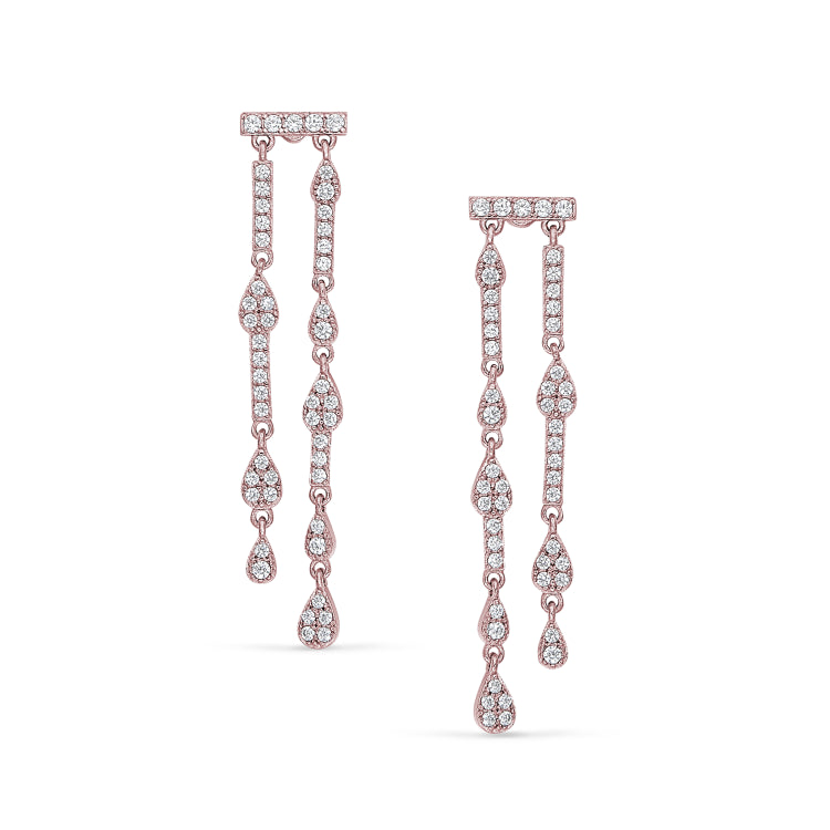 Rose gold finish sterling silver micropave two row drop earrings with simulated diamonds