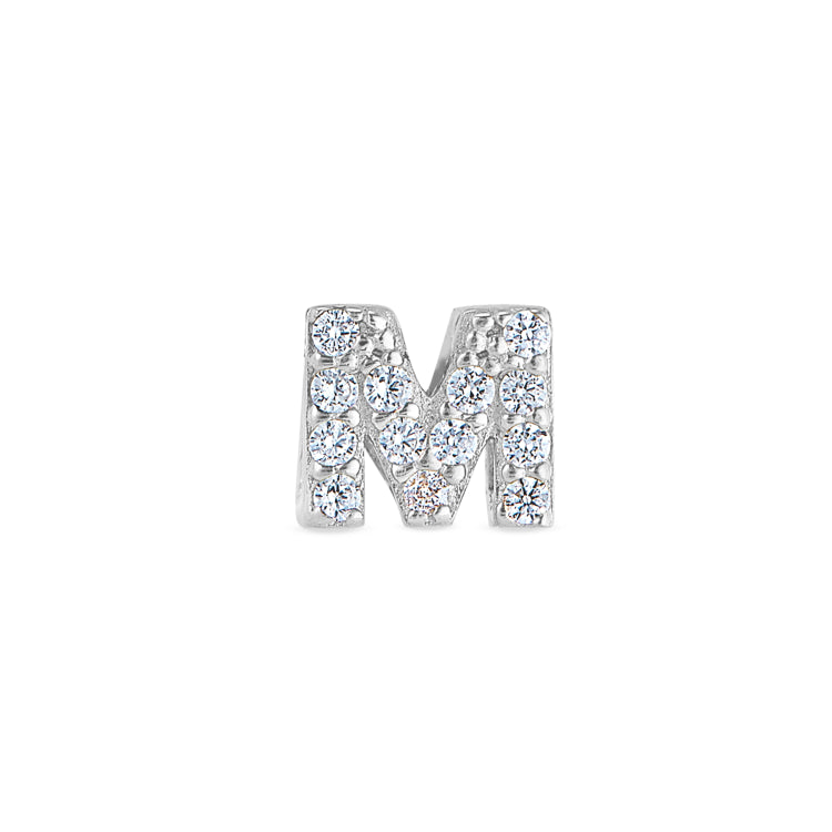 Platinum Finish Sterling Silver Micropave M Initial Charm with Simulated Diamonds
