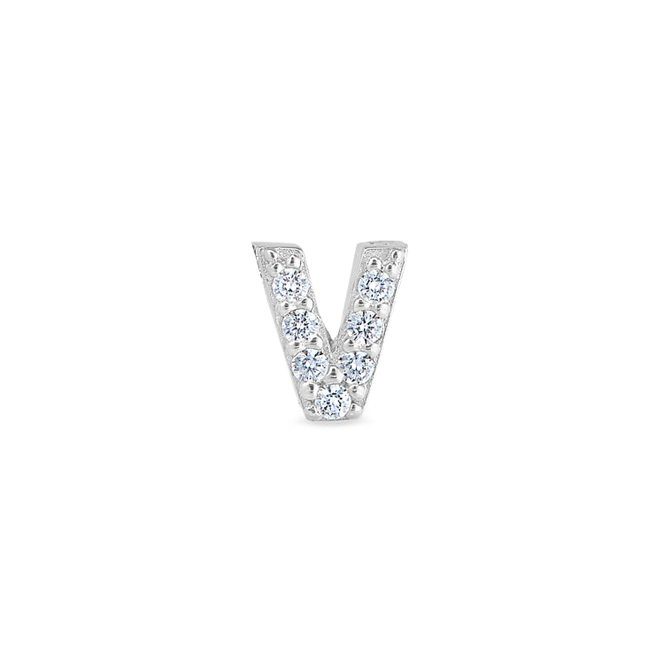 Platinum Finish Sterling Silver Micropave V Initial Charm with Simulated Diamonds