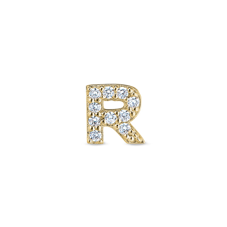 Gold Finish Sterling Silver Micropave R Initial Charm with Simulated Diamonds