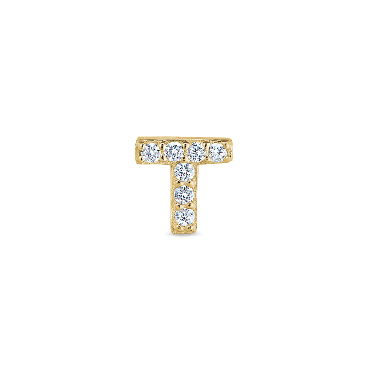 Gold Finish Sterling Silver Micropave T Initial Charm with Simulated Diamonds