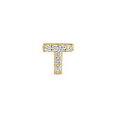 Gold Finish Sterling Silver Micropave T Initial Charm with Simulated Diamonds