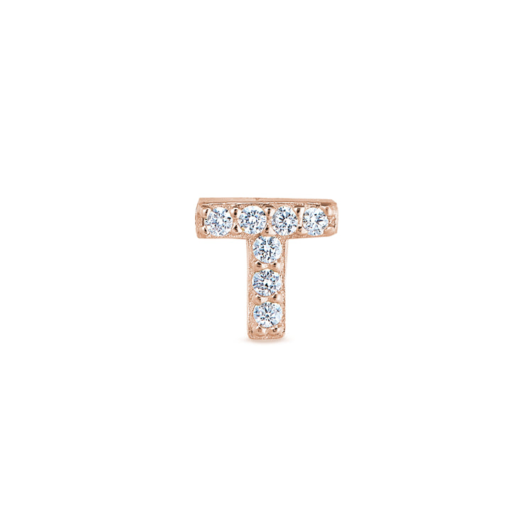 Rose Gold Finish Sterling Silver Micropave T Initial Charm with Simulated Diamonds