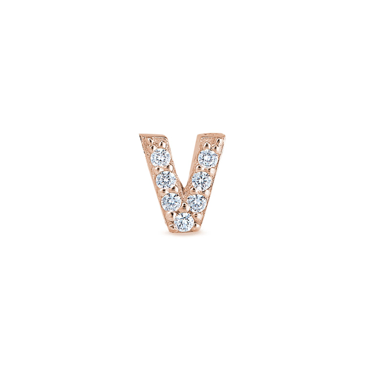 Rose Gold Finish Sterling Silver Micropave V Initial Charm with Simulated Diamonds