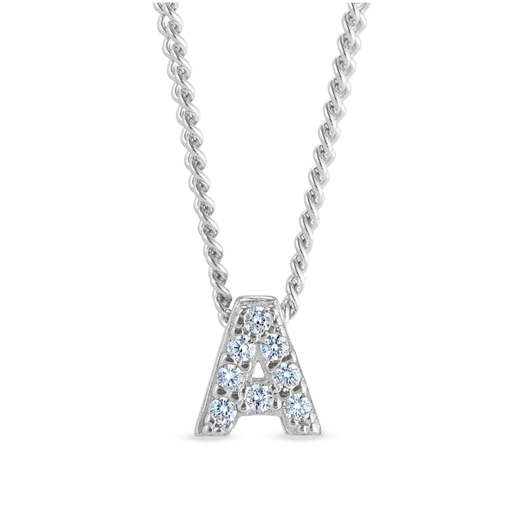 Platinum finish sterling silver micropave a initial pendant with simulated diamonds on 18 curb chain