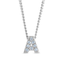 Platinum finish sterling silver micropave a initial pendant with simulated diamonds on 18 curb chain