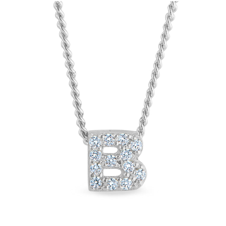 Platinum finish sterling silver micropave b initial pendant with simulated diamonds on 18 curb chain