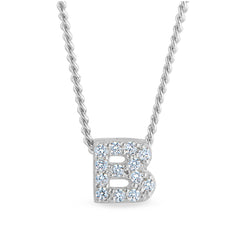 Platinum finish sterling silver micropave b initial pendant with simulated diamonds on 18 curb chain