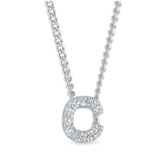 Platinum finish sterling silver micropave c initial pendant with simulated diamonds on 18 curb chain