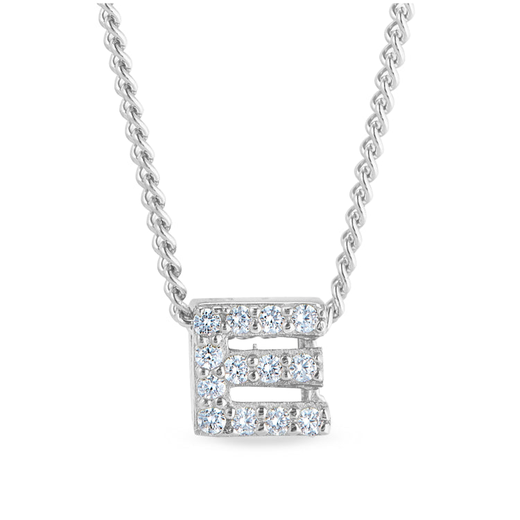 Platinum finish sterling silver micropave e initial pendant with simulated diamonds on 18 curb chain