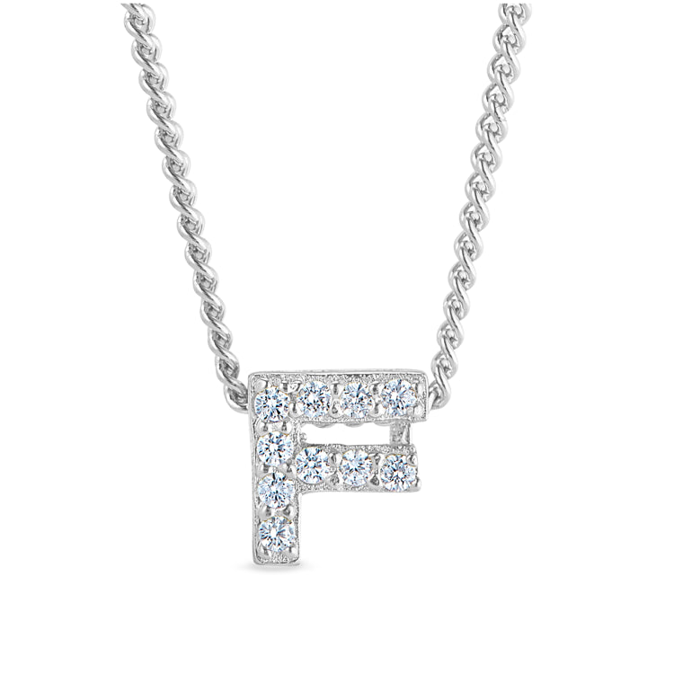 Platinum finish sterling silver micropave f initial pendant with simulated diamonds on 18 curb chain