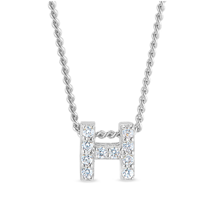 Platinum finish sterling silver micropave h initial pendant with simulated diamonds on 18 curb chain