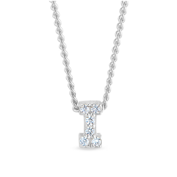 Platinum finish sterling silver micropave i initial pendant with simulated diamonds on 18 curb chain