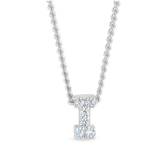 Platinum finish sterling silver micropave i initial pendant with simulated diamonds on 18 curb chain