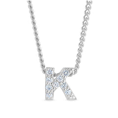 Platinum finish sterling silver micropave k initial pendant with simulated diamonds on 18 curb chain