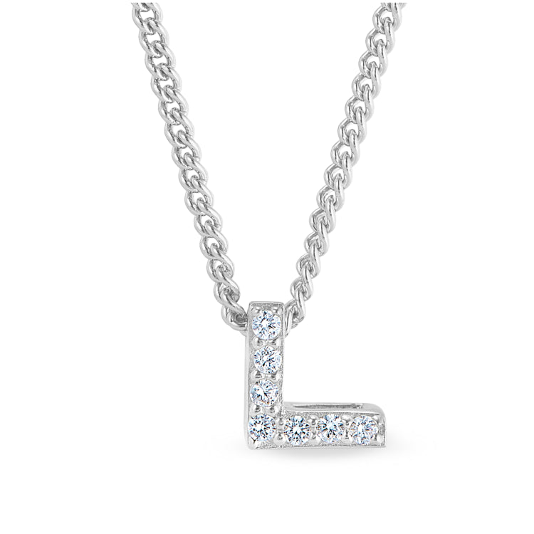 Platinum finish sterling silver micropave l initial pendant with simulated diamonds on 18 curb chain