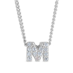 Platinum finish sterling silver micropave m initial pendant with simulated diamonds on 18 curb chain