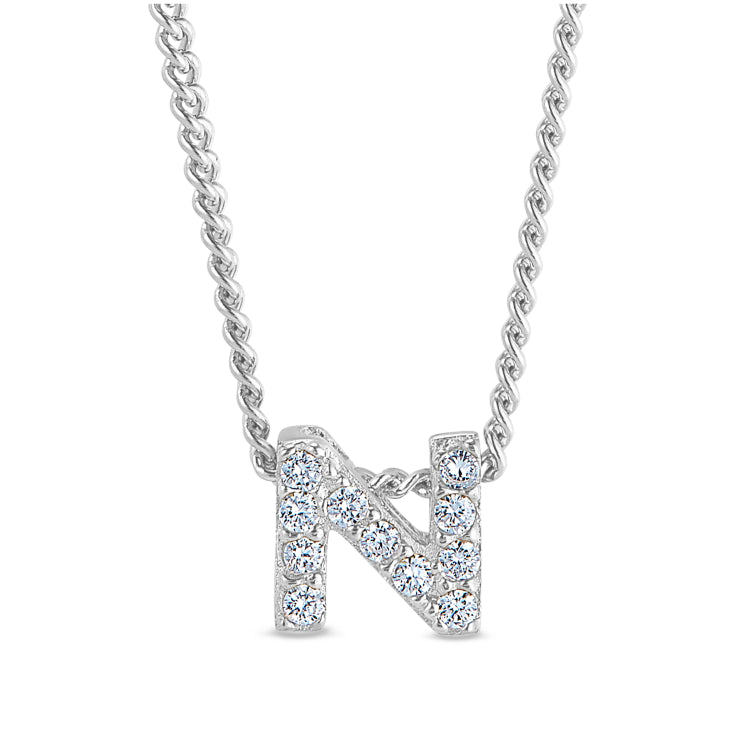 Platinum finish sterling silver micropave n initial pendant with simulated diamonds on 18 curb chain