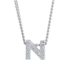Platinum finish sterling silver micropave n initial pendant with simulated diamonds on 18 curb chain